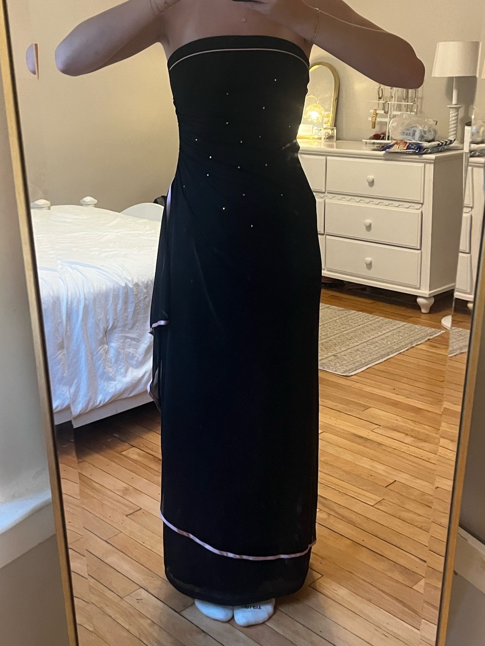 Strapless Black Evening Gown with Subtle Trim
